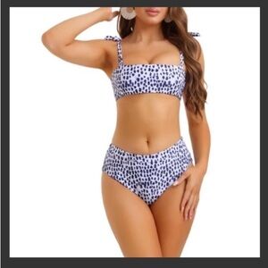 Elerevyo Tie Shoulder Leopard Print Bandeau High Waist Top & Bottom Set- purple